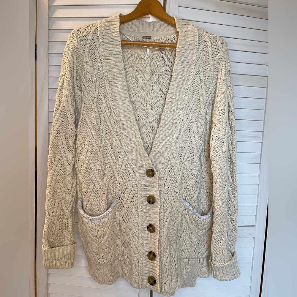NWT $148 Free People Montana Cream Cable Cardigan XS Oversized Boho Sweater